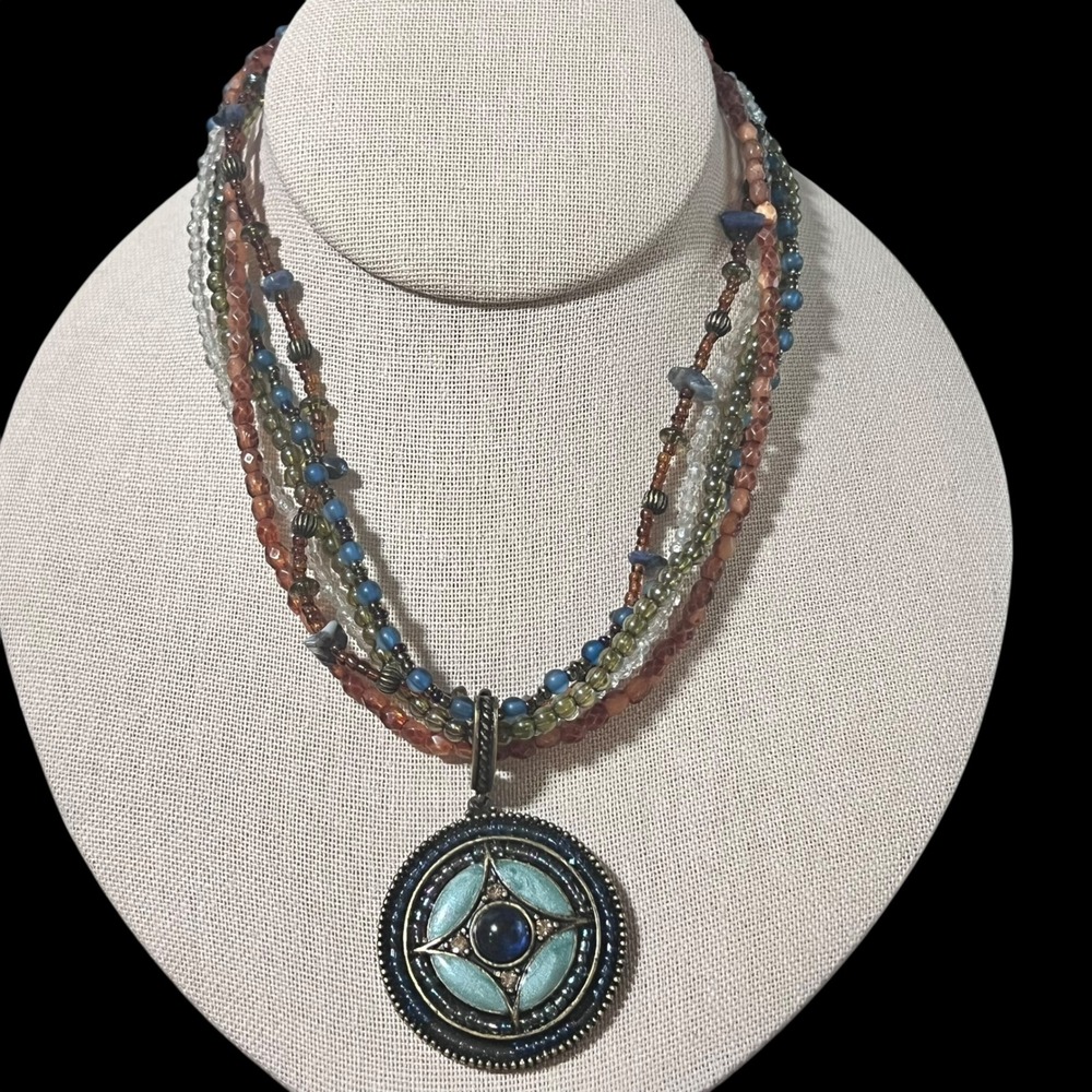 AVON SP Bronze Tone 5 Strand Beaded Necklace with Round‎ Medallion Pendant 15 in